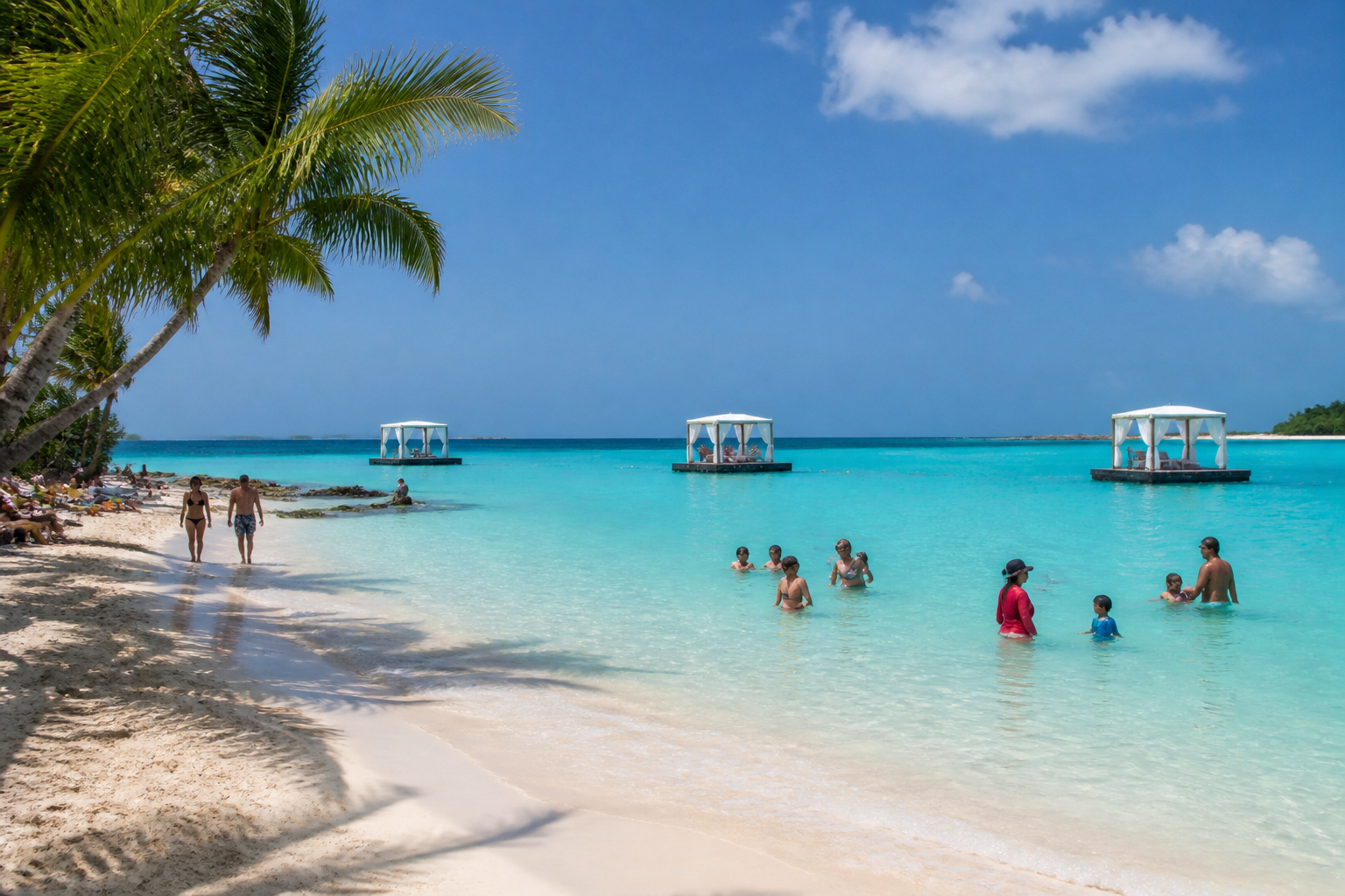 Caribbean private island beach with cabanas