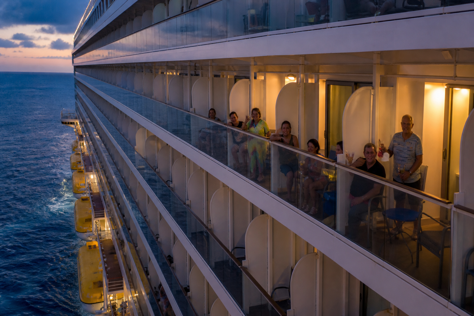 Row of cruise balconies at dusk