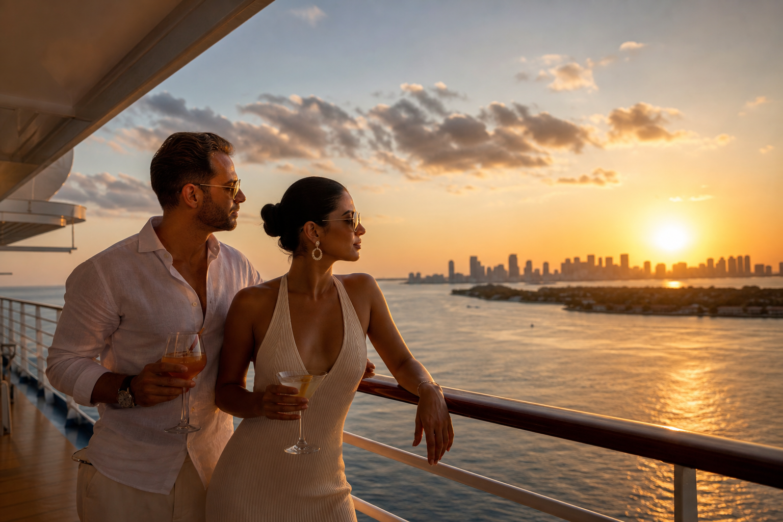 Adults on a cruise deck at sunset