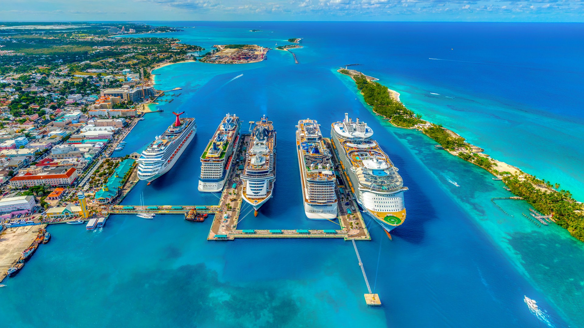 Cruise ships docked in a Caribbean harbor